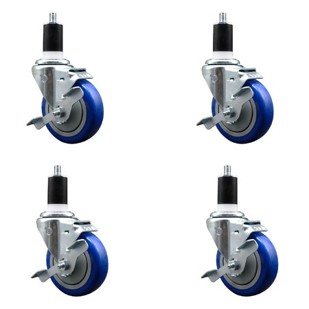 Service Caster 4'' SS Blue Poly Swivel 1-1/2'' Expanding Stem Caster Set with Brake, 4PK SCC-SSEX20S414-PPUB-BLUE-TLB-112-4